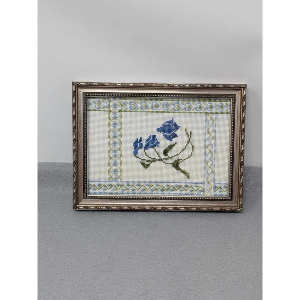 Vintage Framed Blue Bell Flower Cross Stitch Needlepoint Embroidery Cottage